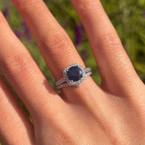 Royal Blue Cushion Cut Halo Bridal Set With V-Shape Band
