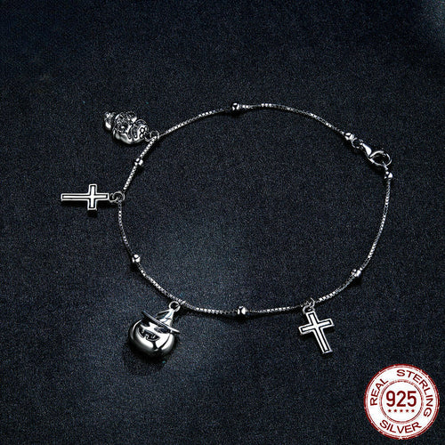 Halloween Skeleton Cross Pumpkin Sterling Silver Bracelet