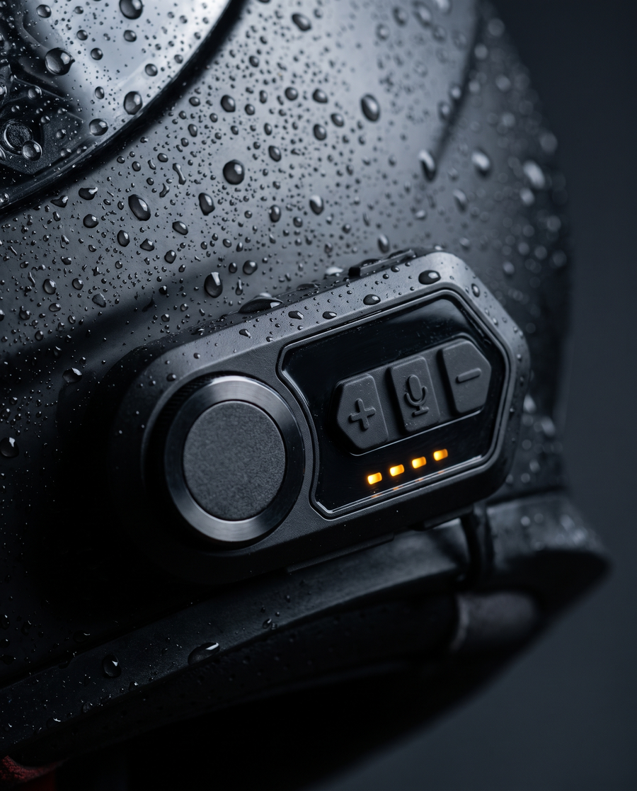 Rydvox V10 unit covered in water droplets on a wet helmet, showing IPX6 waterproofing