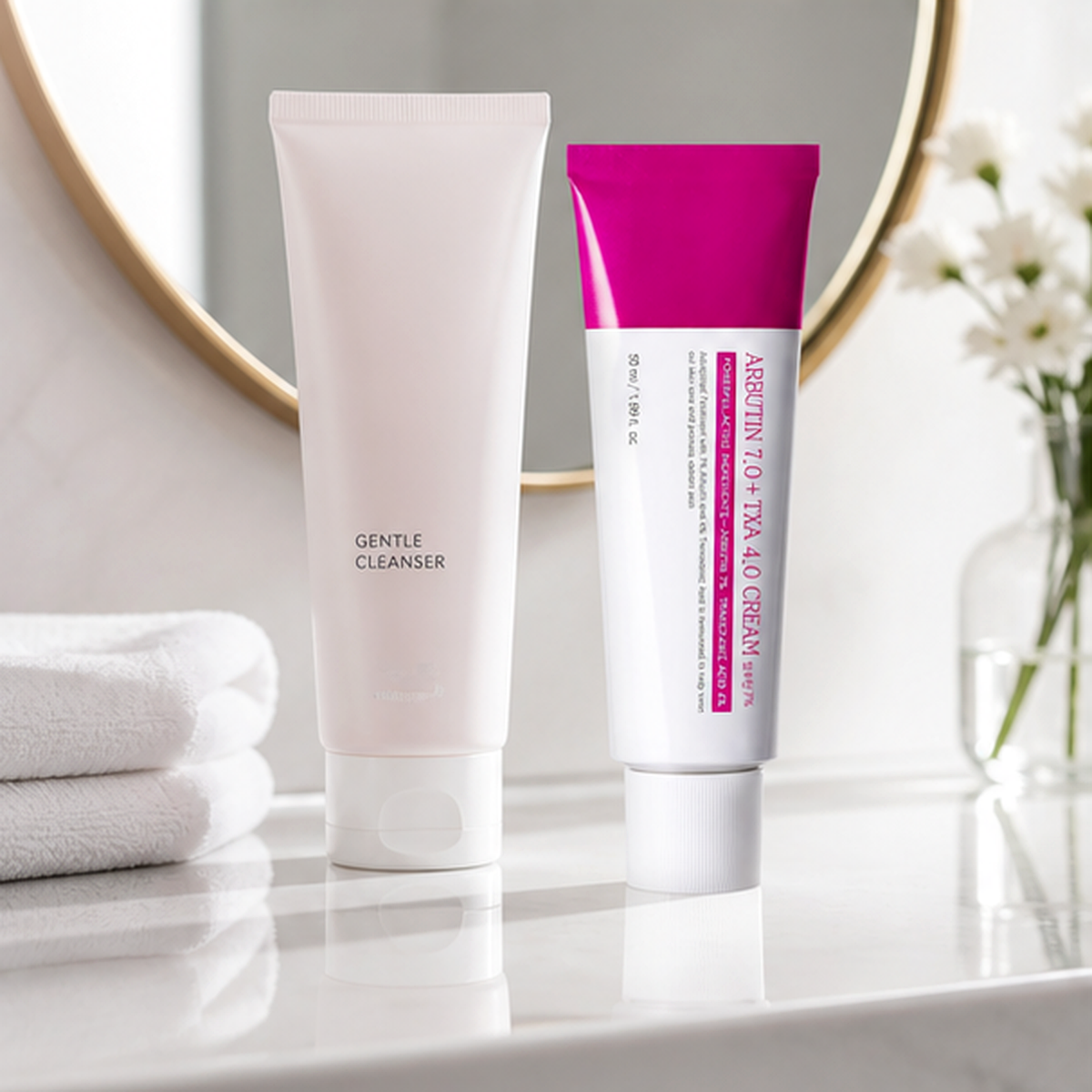 Aurela brightening cream beside a cleanser and mirror