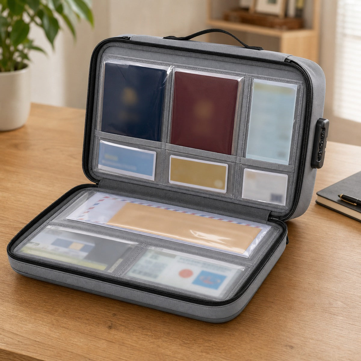 Open Archivia organizer with papers and passports inside