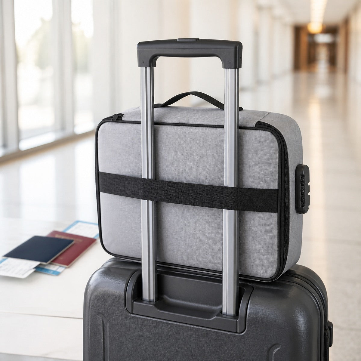 Archivia organizer attached to a suitcase handle