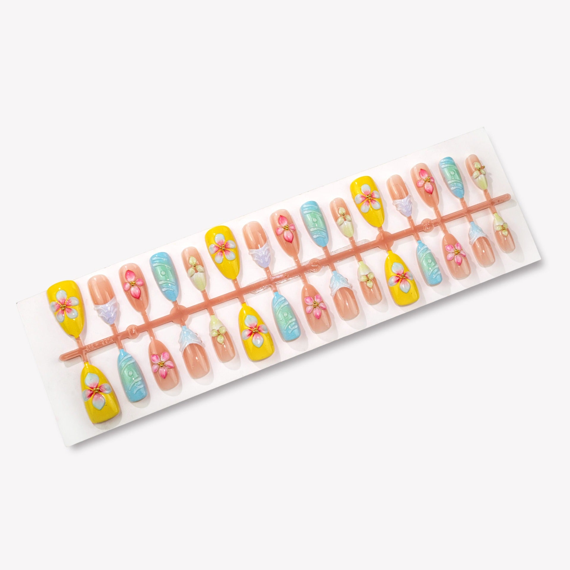 Blossira nail tips on the fitting card showing the full size run