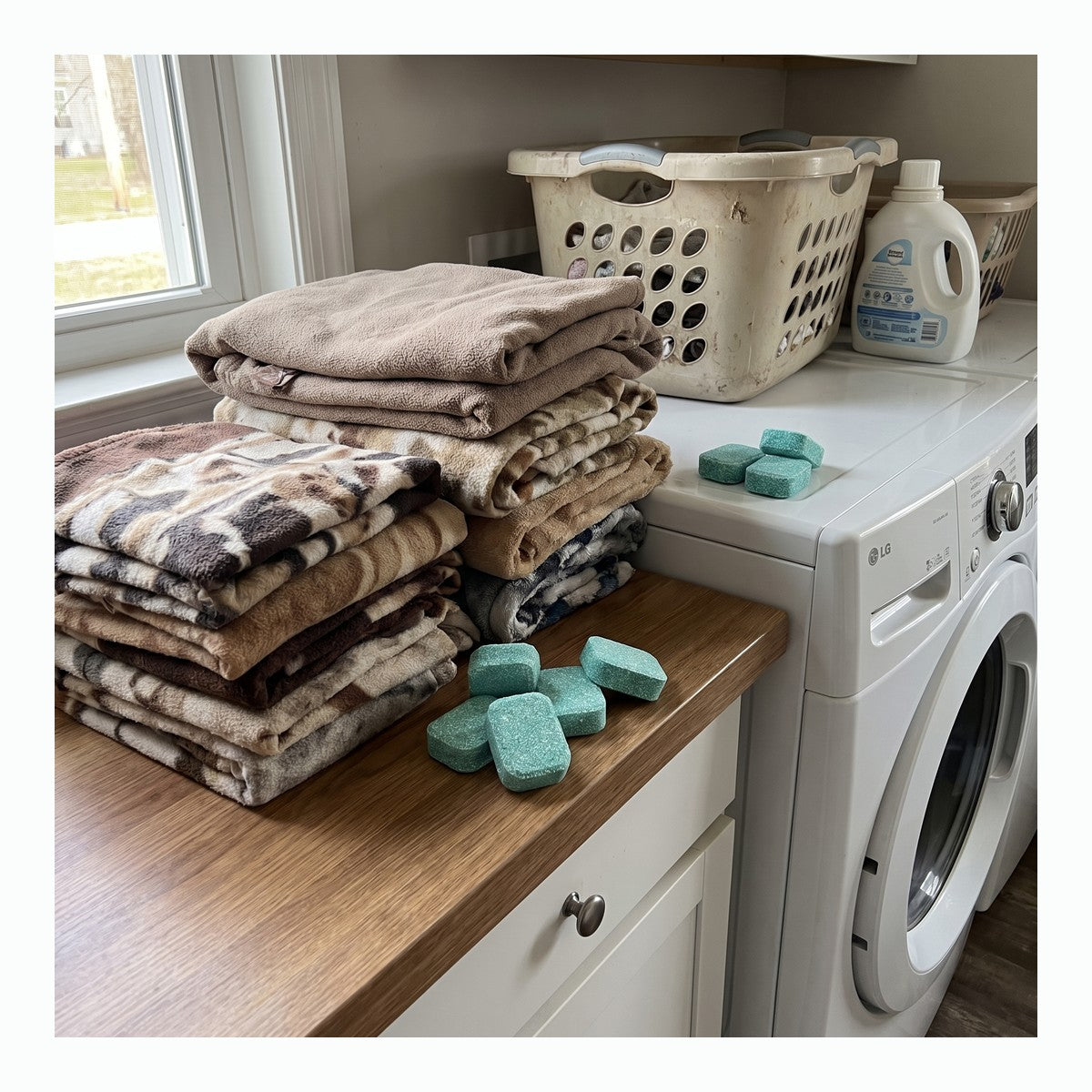 Folded pet bedding beside a washer and mint washer cleaner tablets