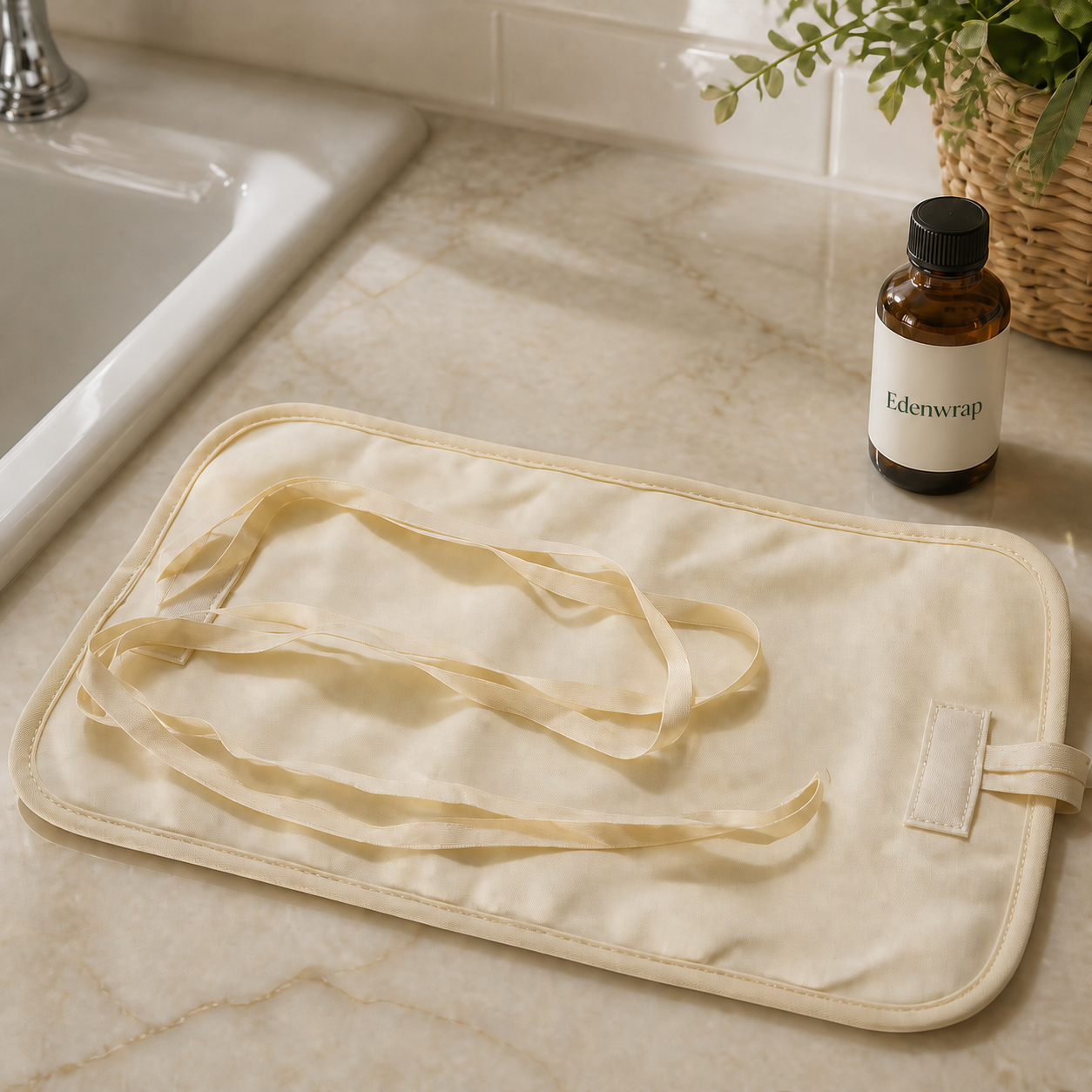 Edenwrap reusable abdominal castor oil wrap with labeled bottle