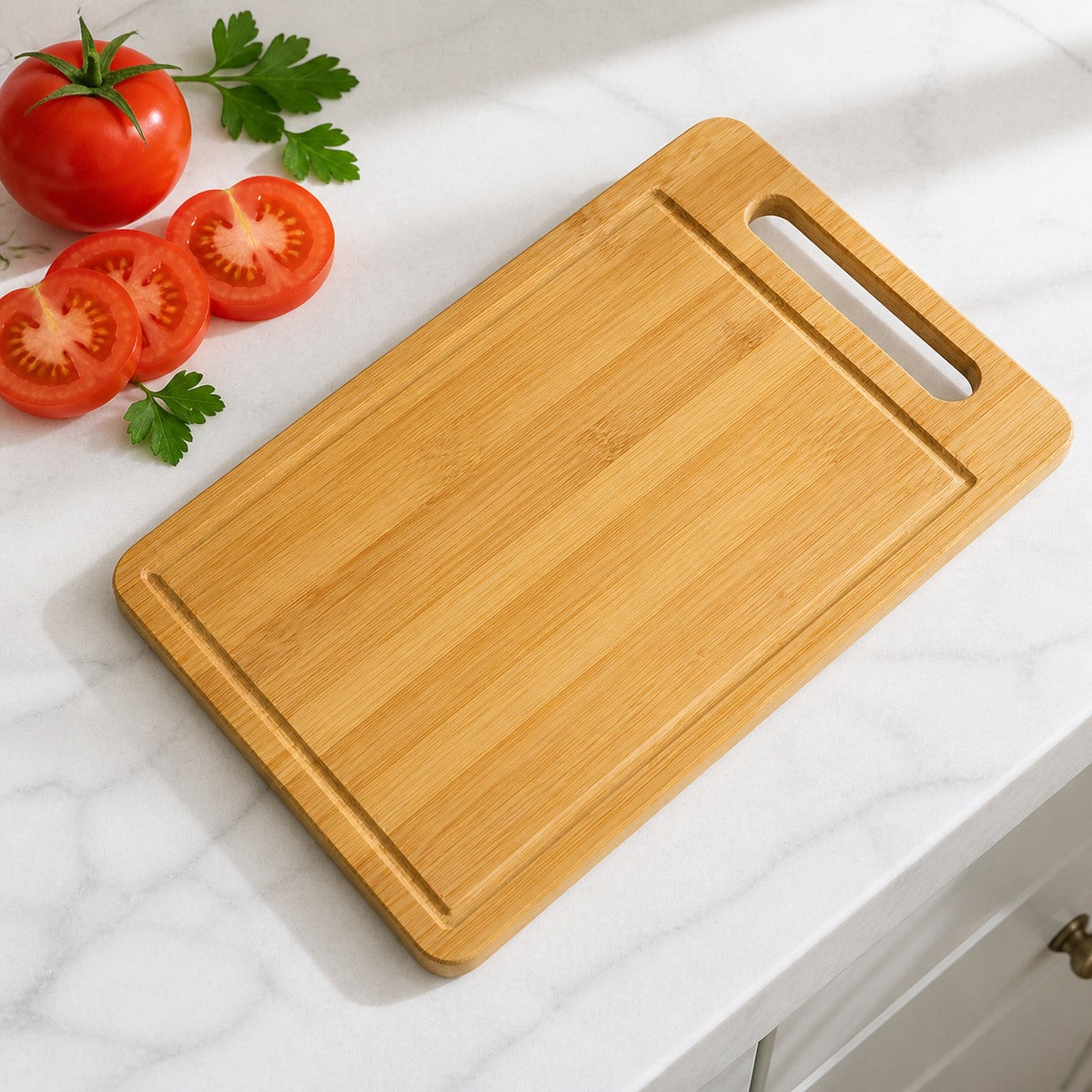 Groovewell bamboo board on a kitchen counter