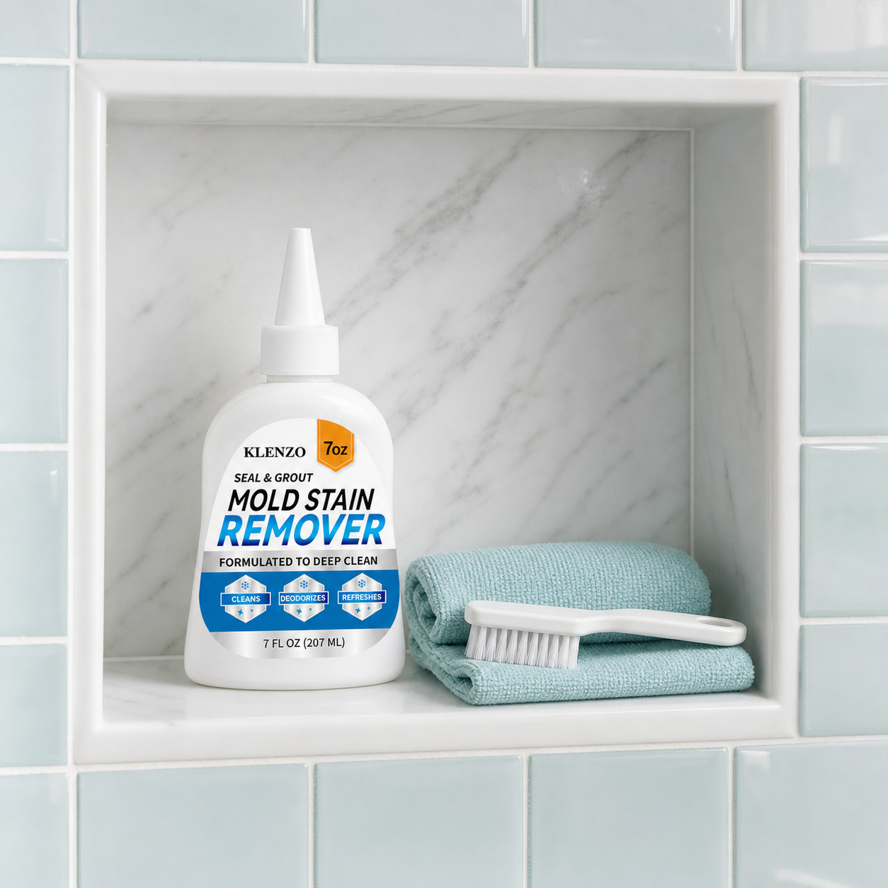 Klenzo bottle with precision nozzle on a shower shelf