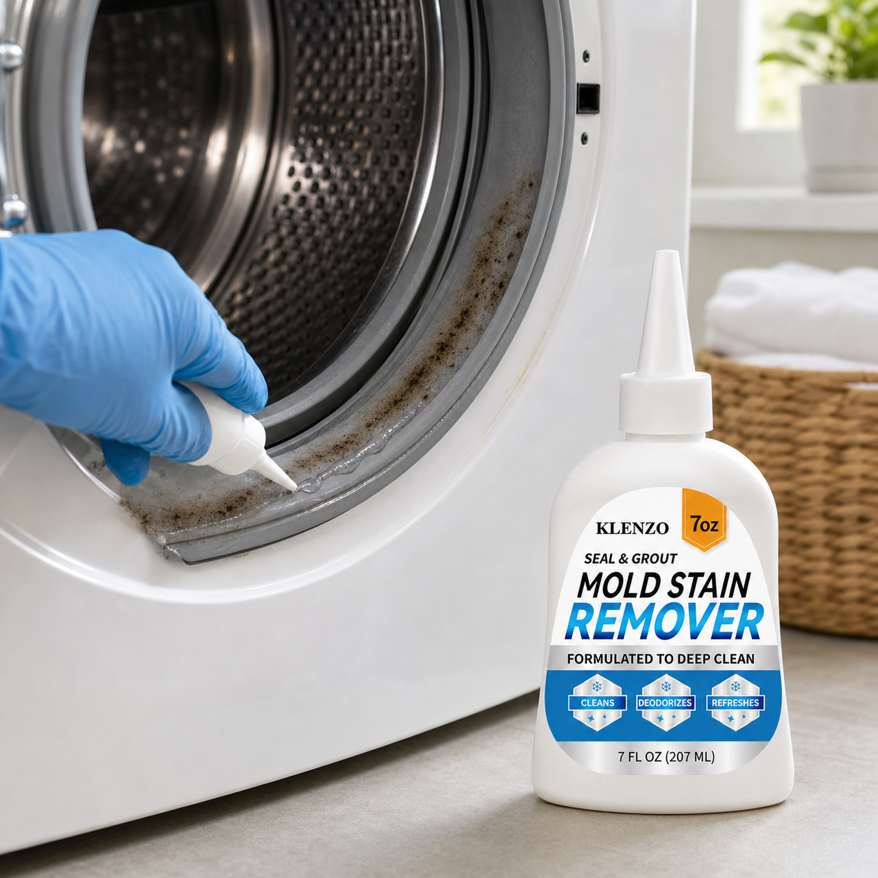 Applying Klenzo gel directly onto a stained washing machine gasket