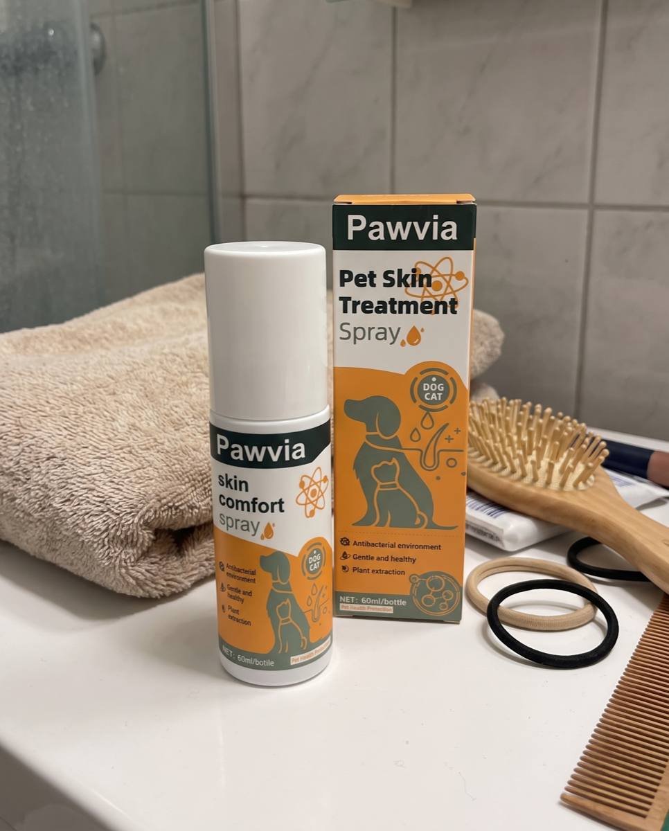 Pawvia spray on a bathroom counter with dog grooming items
