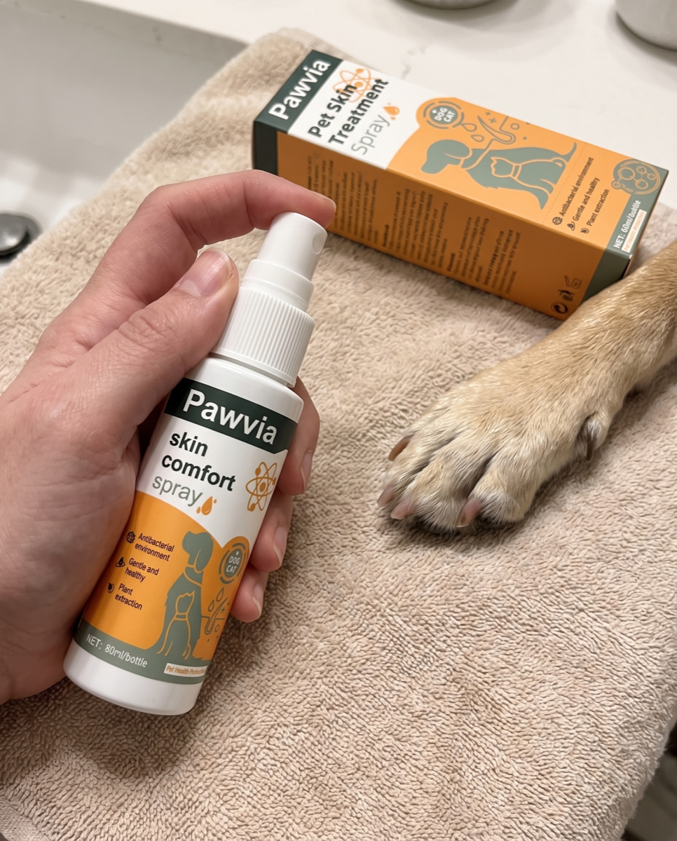 Pawvia spray used near a dog paw on a towel