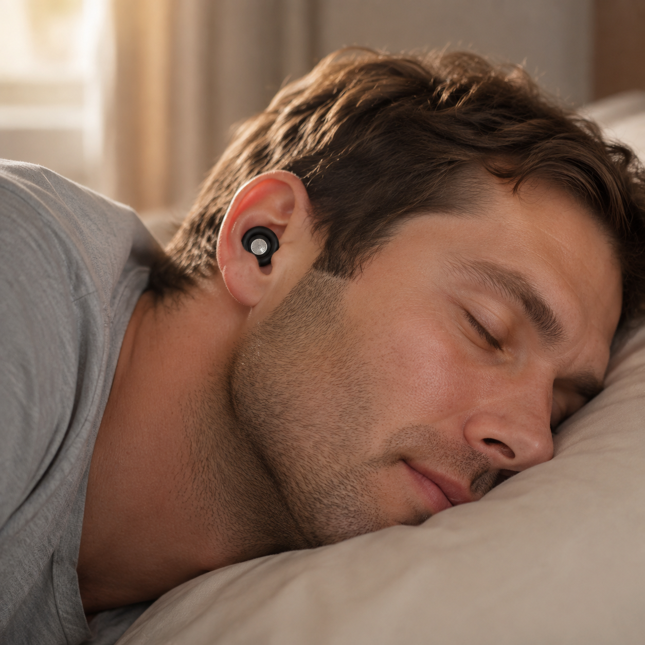Quietrest low-profile earplug worn while resting on a pillow