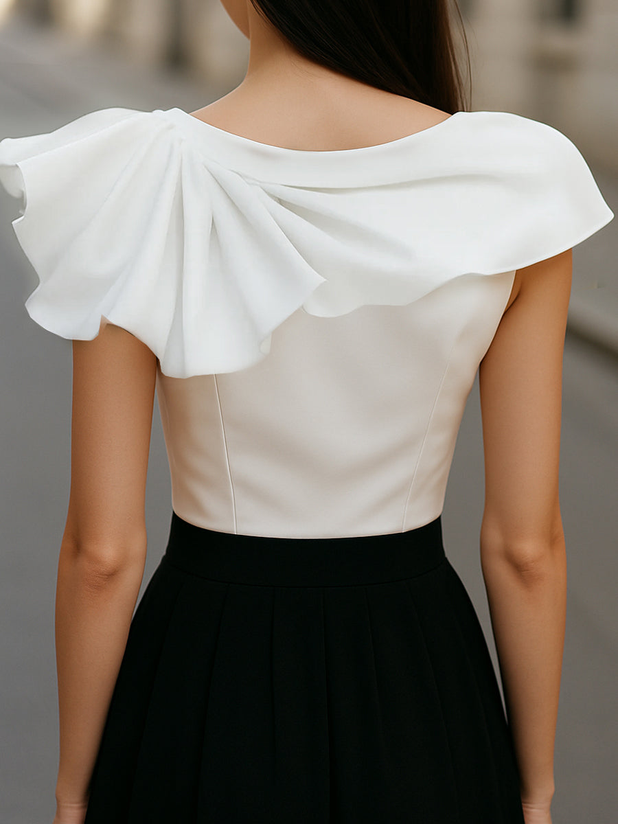 Chic Asymmetric Ruffle Blouse with Boat Neck MLZ