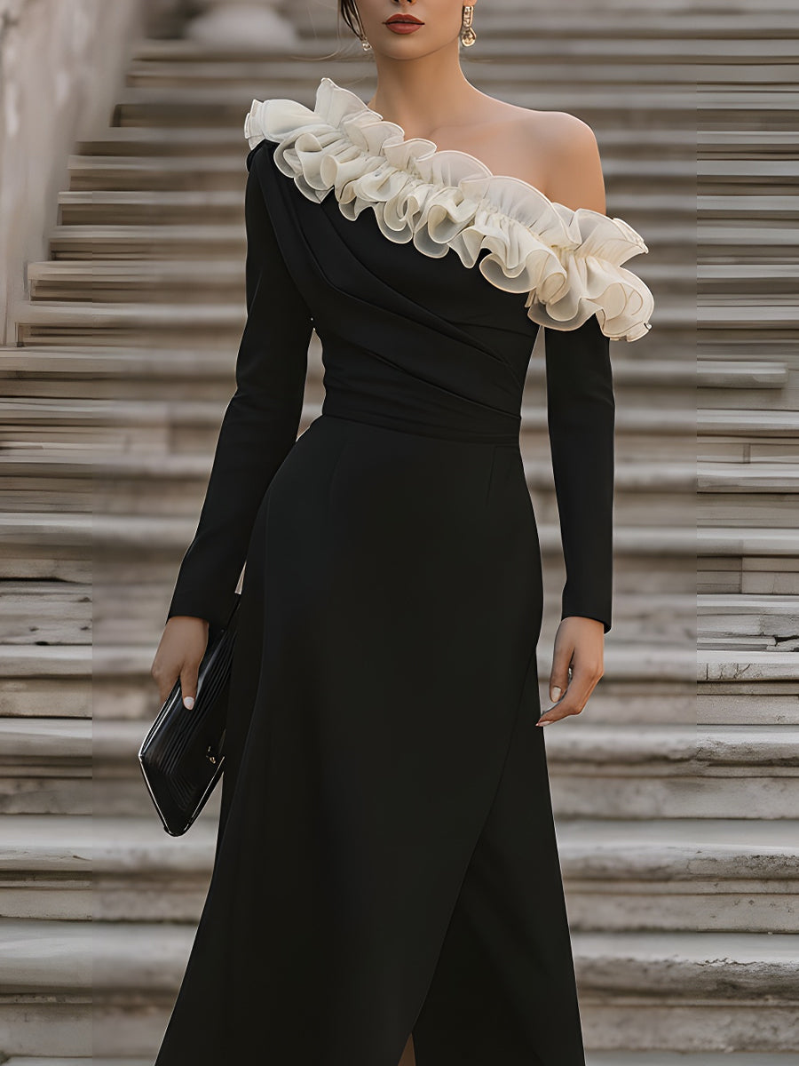 Asymmetric Ruffled Off-Shoulder Midi Dress XYS