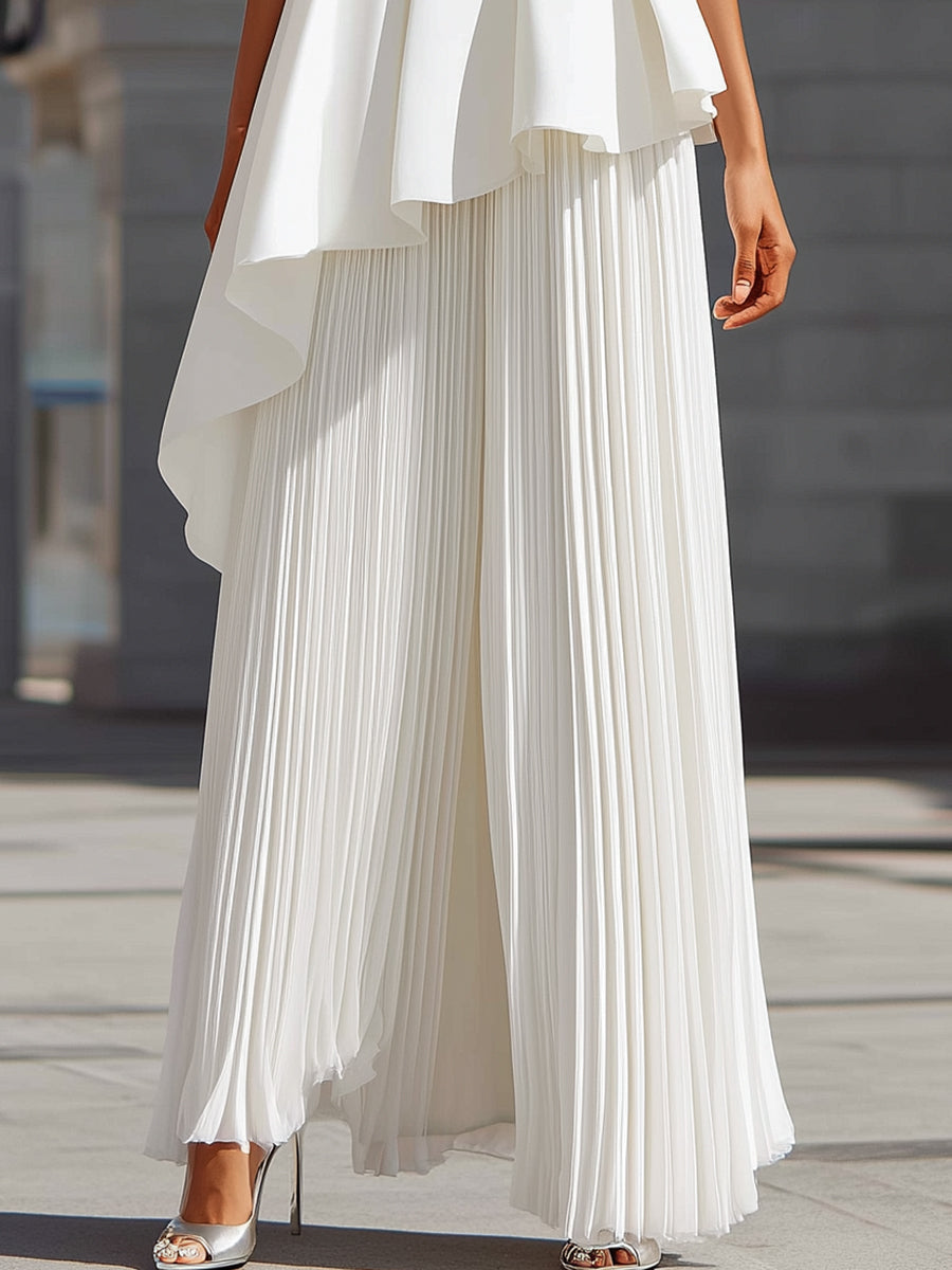 Sculpted Asymmetric Peplum & Pleated Maxi Gown In White ZJ
