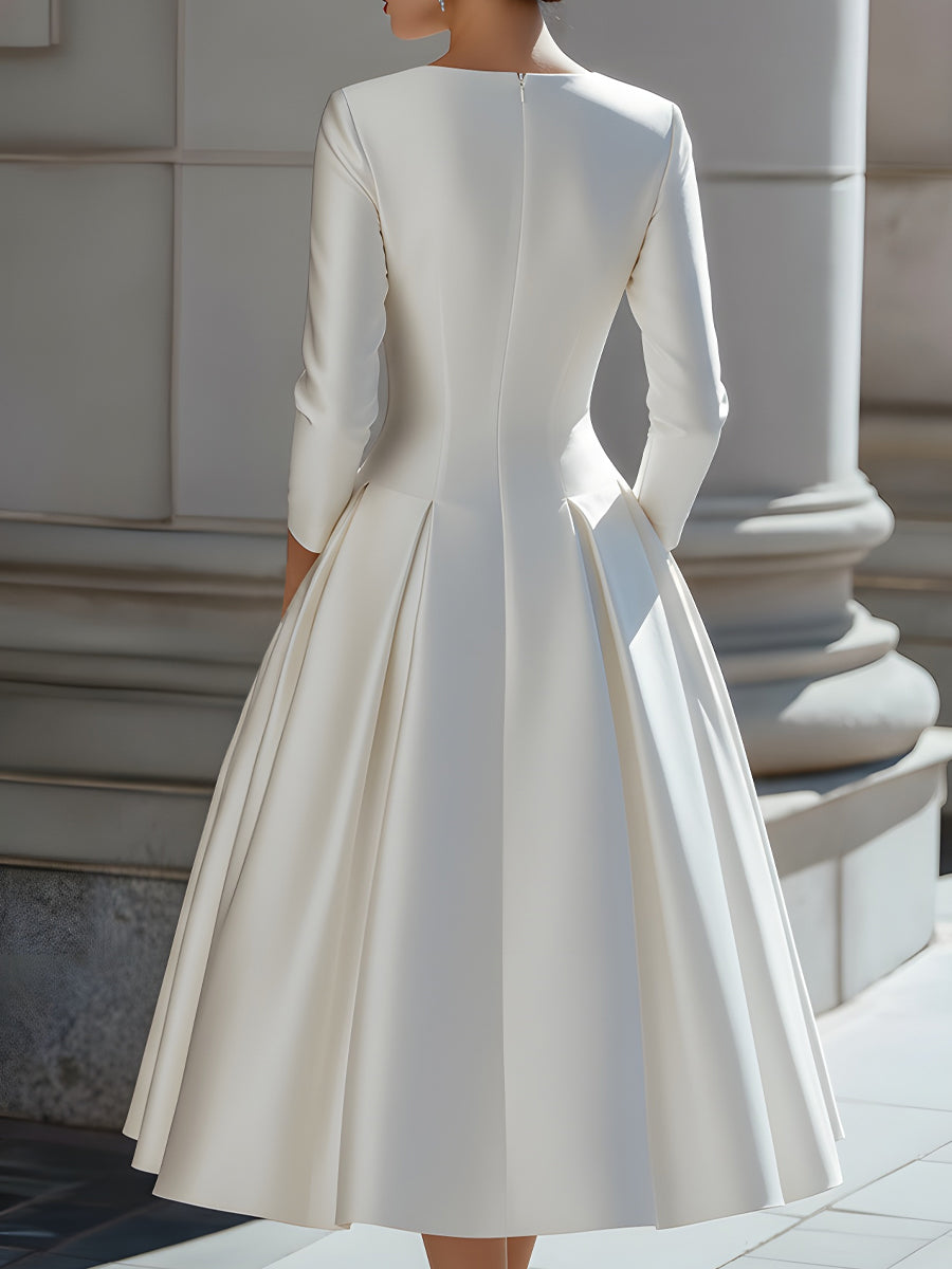 Elegant Satin V-Neck Pleated A-Line Midi Dress MLZ