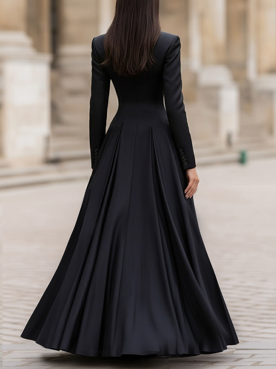 Elegant Tailored Waist Long-Sleeve Maxi Dress MLZ