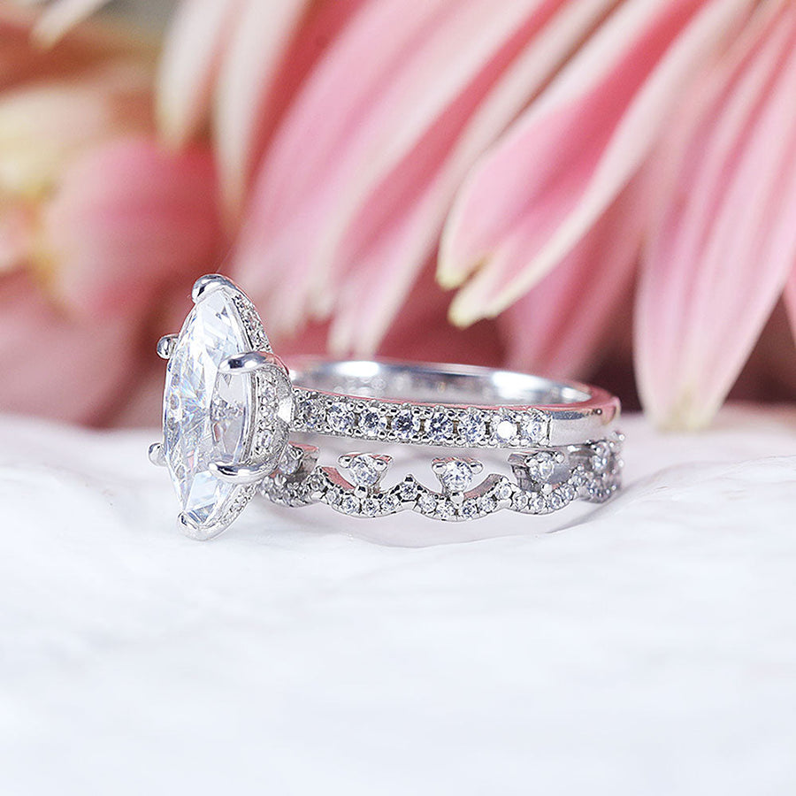 Vintage 2pcs Marquise Cut Sterling Silver Ring Set with Lace Band Shine of Diamond