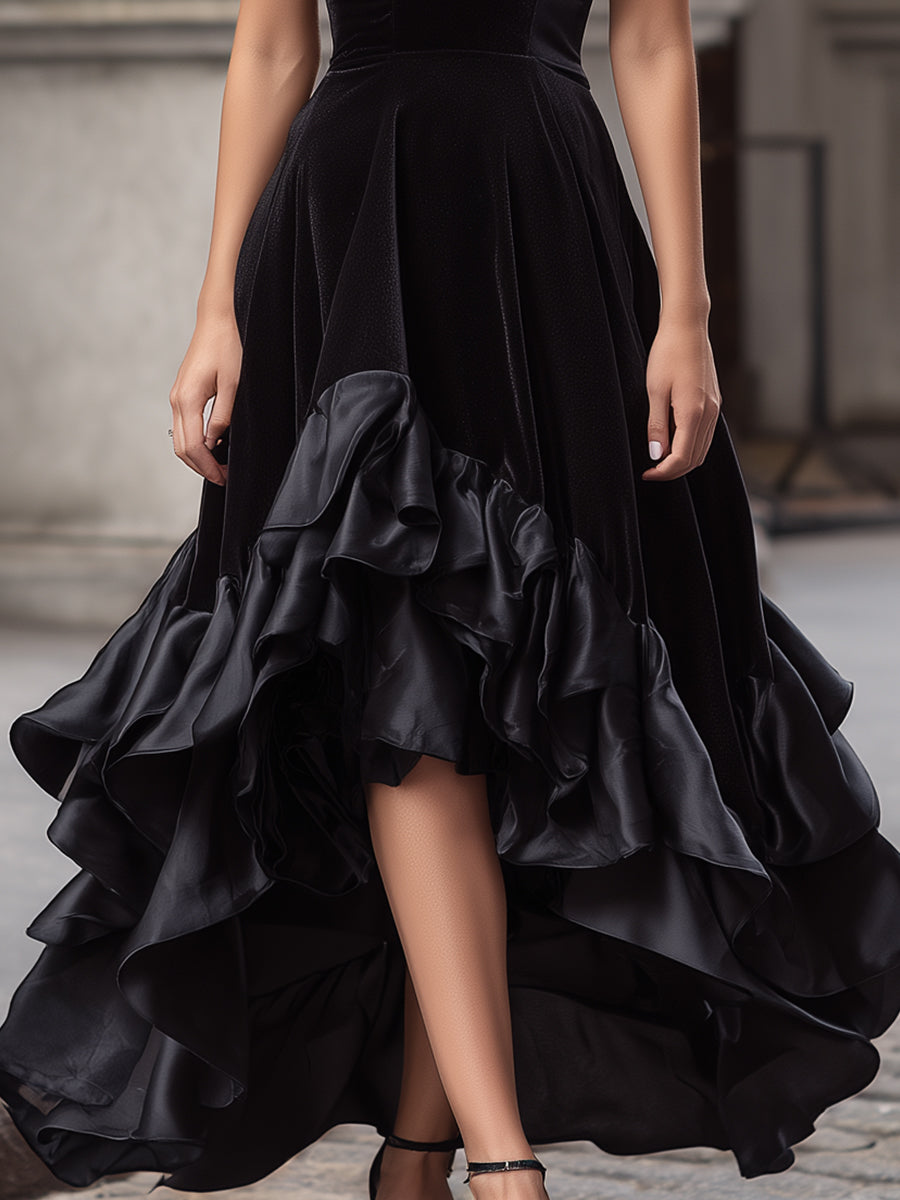 Velvet High-Low Evening Gown With Layered Ruffled Hem ZJ