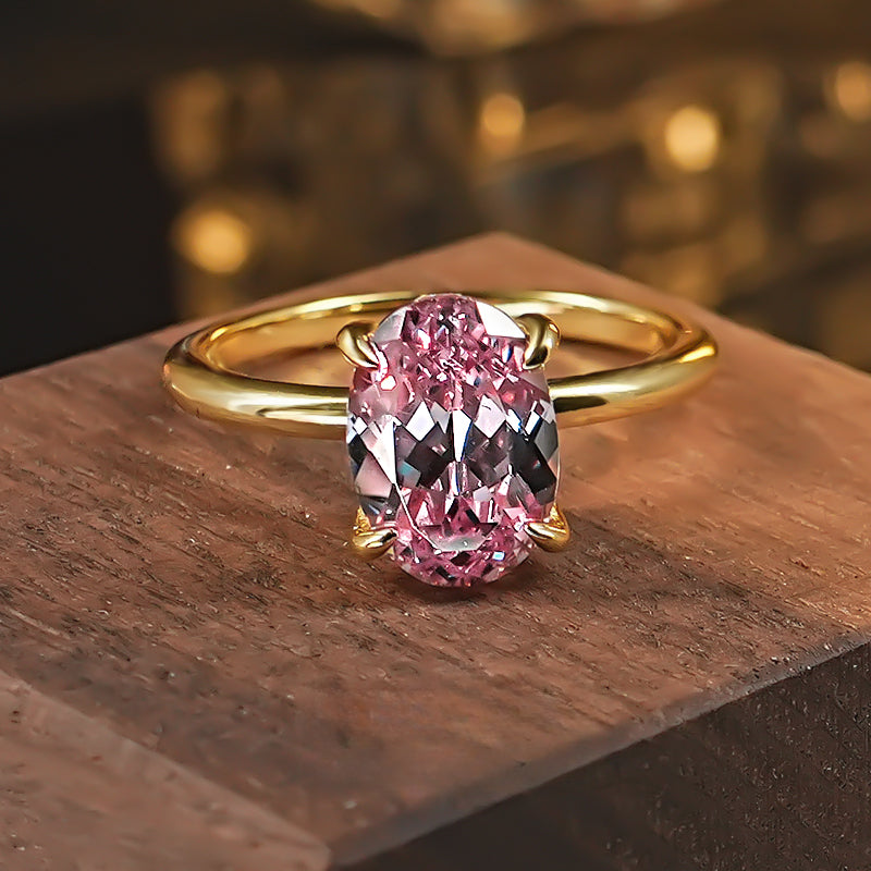 Classic Pink Tourmaline Oval Cut Golden Tone Ring Shine of Diamond