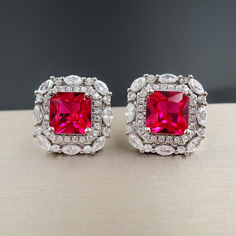 Red Gem Double Halo 925 Sterling Silver Stud Earrings Shineofidamond