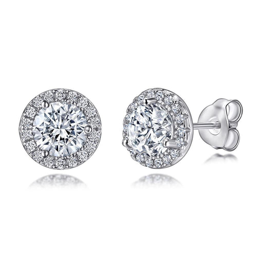 Halo Round Cut Sterling Silver Stud Earrings Shineofidamond