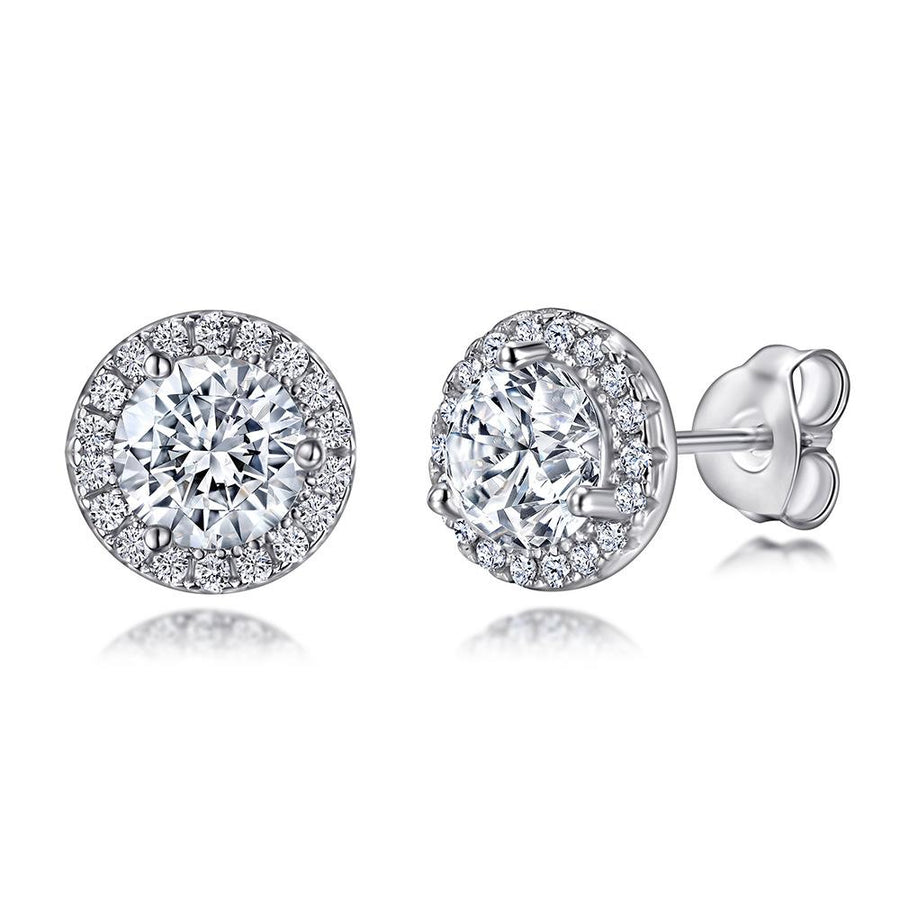 Halo Round Cut Sterling Silver Stud Earrings Shineofidamond