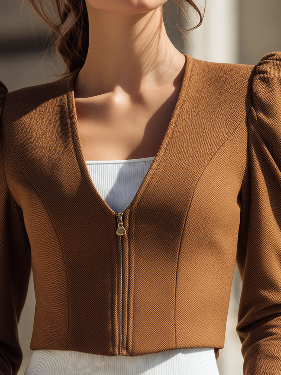 Brown Puff-Sleeve Cropped Jacket With Front Zipper ZJ