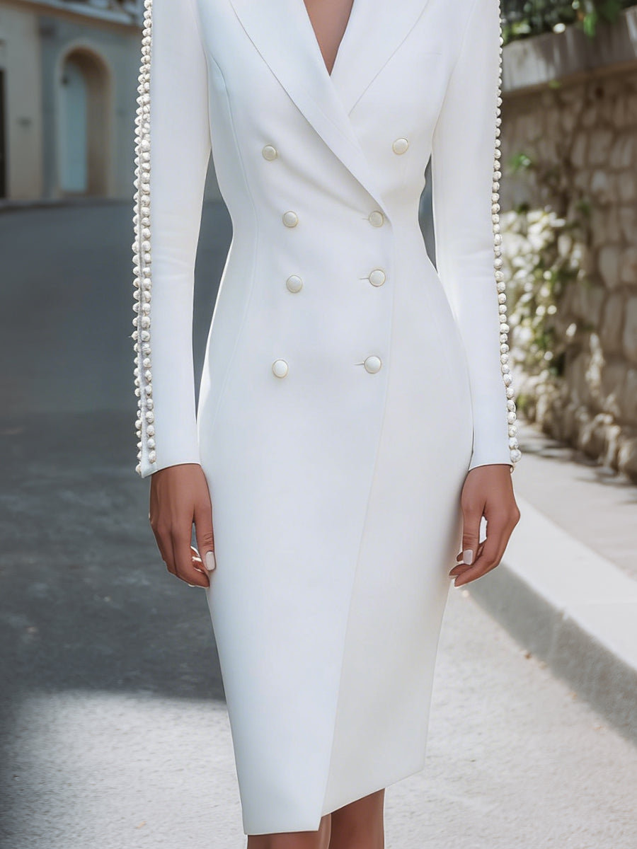 Pearl-Trim Double-Breasted Tailored Blazer Dress MLZ