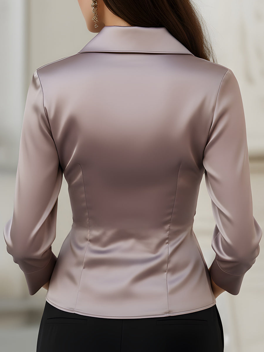 Satin Asymmetric Draped Wrap Blouse MLZ