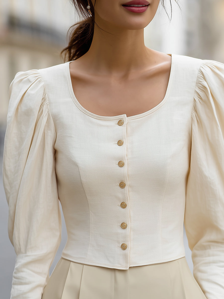 Romantic Puff-Sleeve Square-Neck Buttoned Blouse MLZ