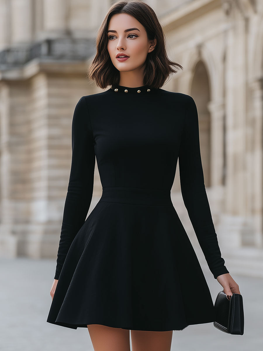 Elegant Black Studded Neckline Dress SN