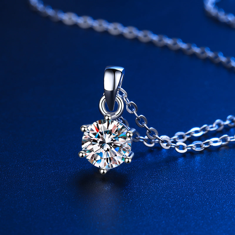 D Color Moissanite Classic 6 Prong Sterling Silver Pendant Necklace Shineofidamond