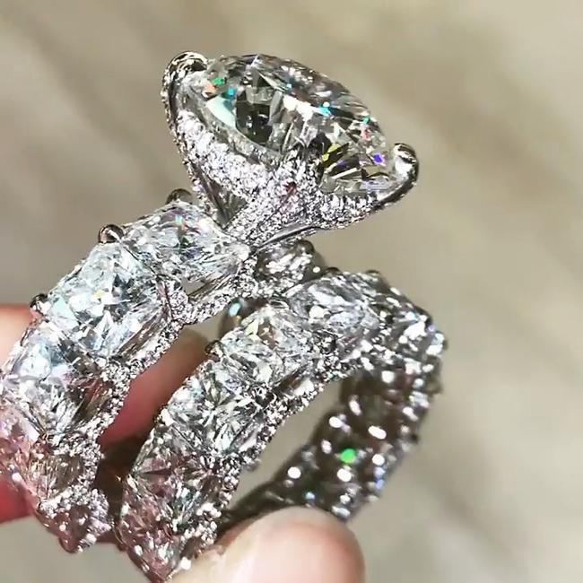 Round Cut Eternity Sterling Silver Bridal Set Ring with Eternity Band Shineofdiamond