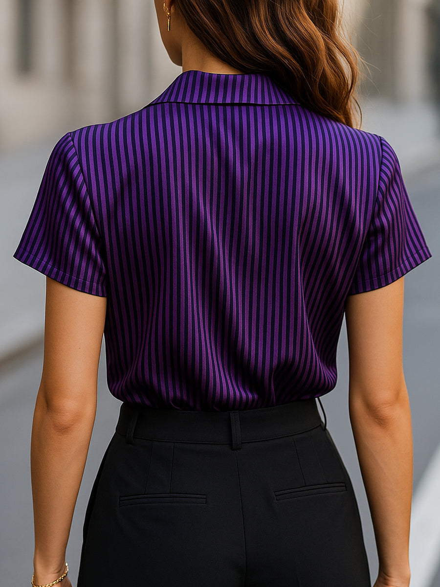 Satin Stripe Short-Sleeve Glossy Blouse with Wide Collar MLZ