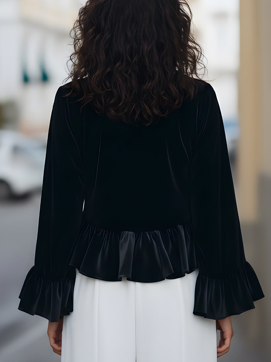 Round Neck Velvet Ruffle-Trim Blouse MLZ