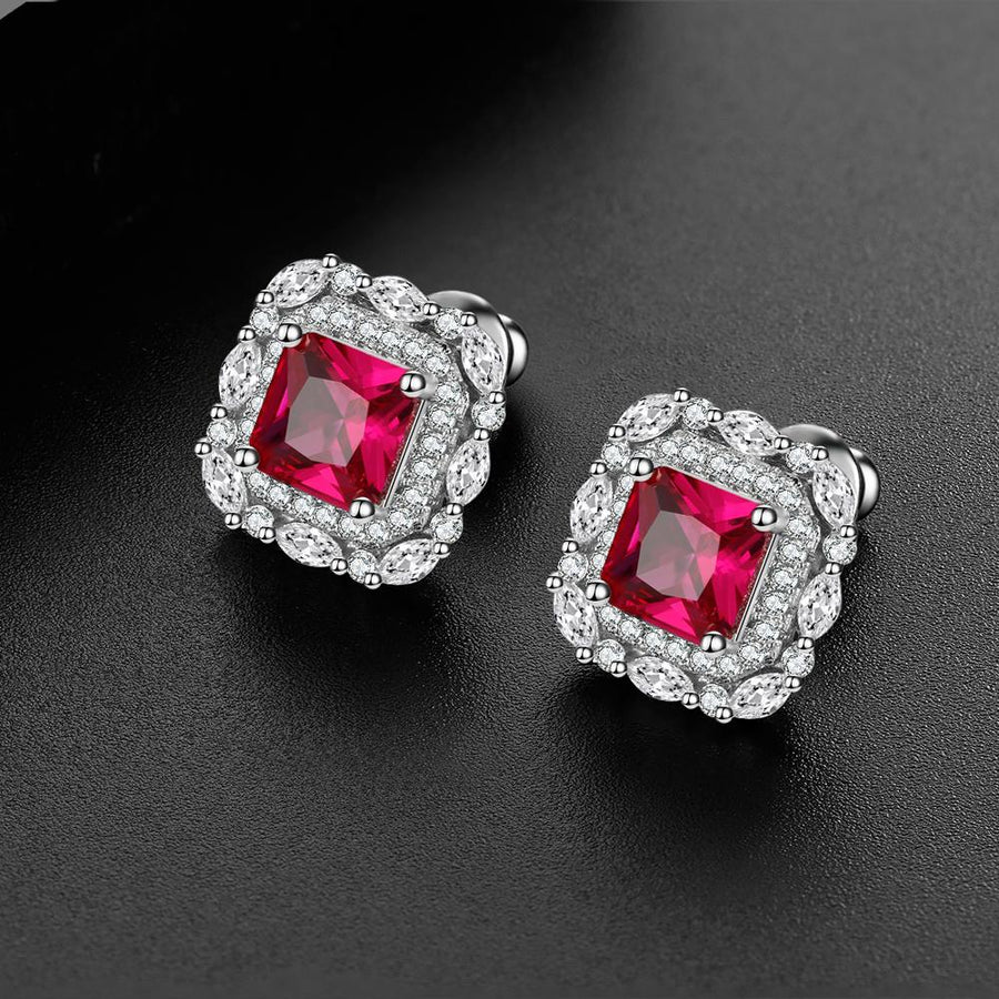 Red Gem Double Halo 925 Sterling Silver Stud Earrings Shineofidamond