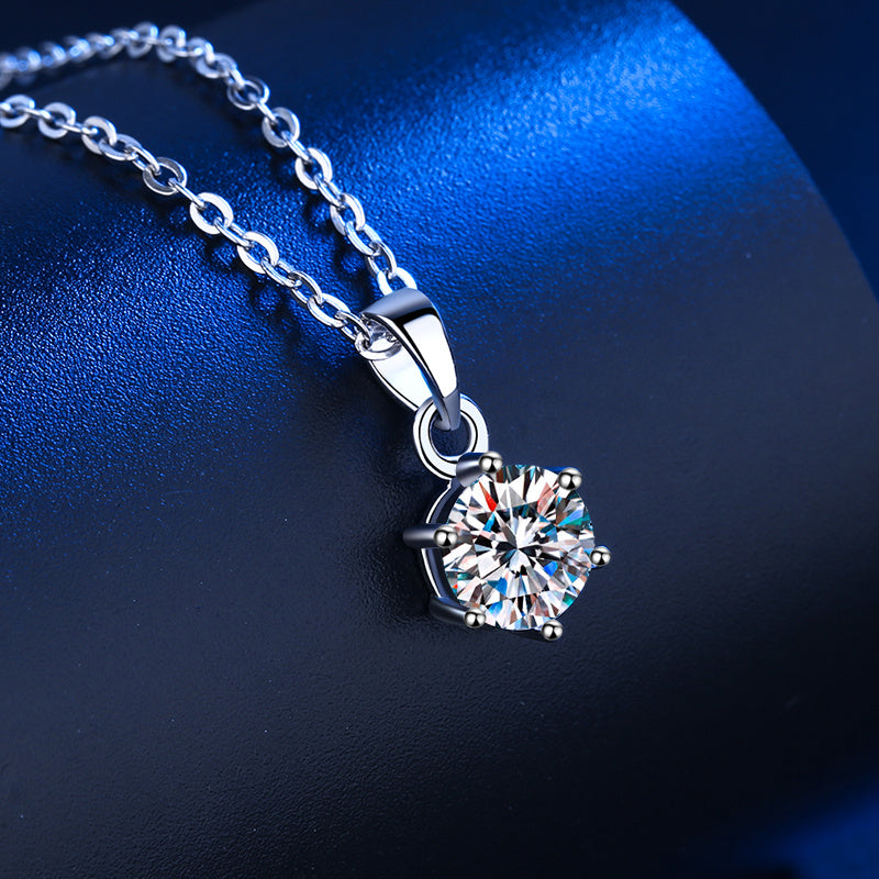 D Color Moissanite Classic 6 Prong Sterling Silver Pendant Necklace Shineofidamond
