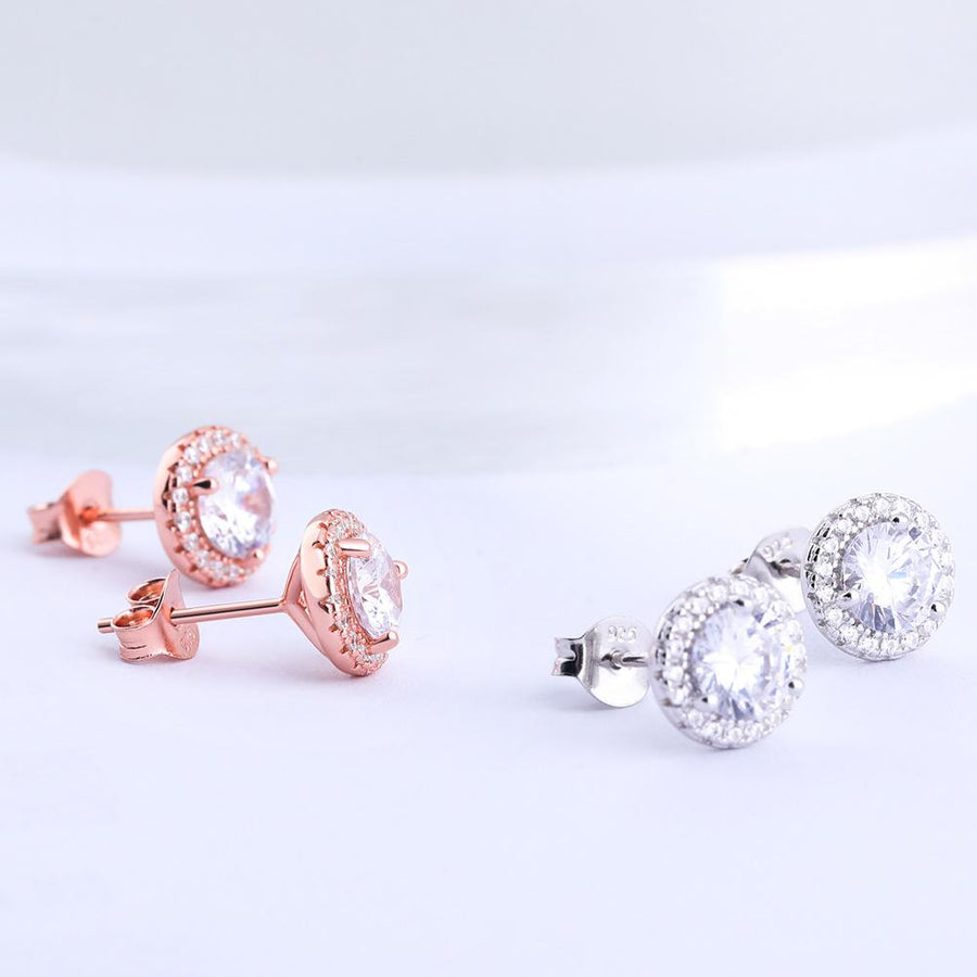 Halo Round Cut Sterling Silver Stud Earrings Shineofidamond