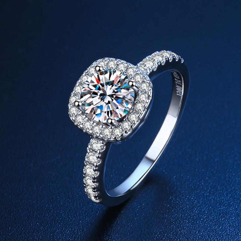 Moissanite Halo Round Cut Sterling Silver Engagement Ring Shineofidamond