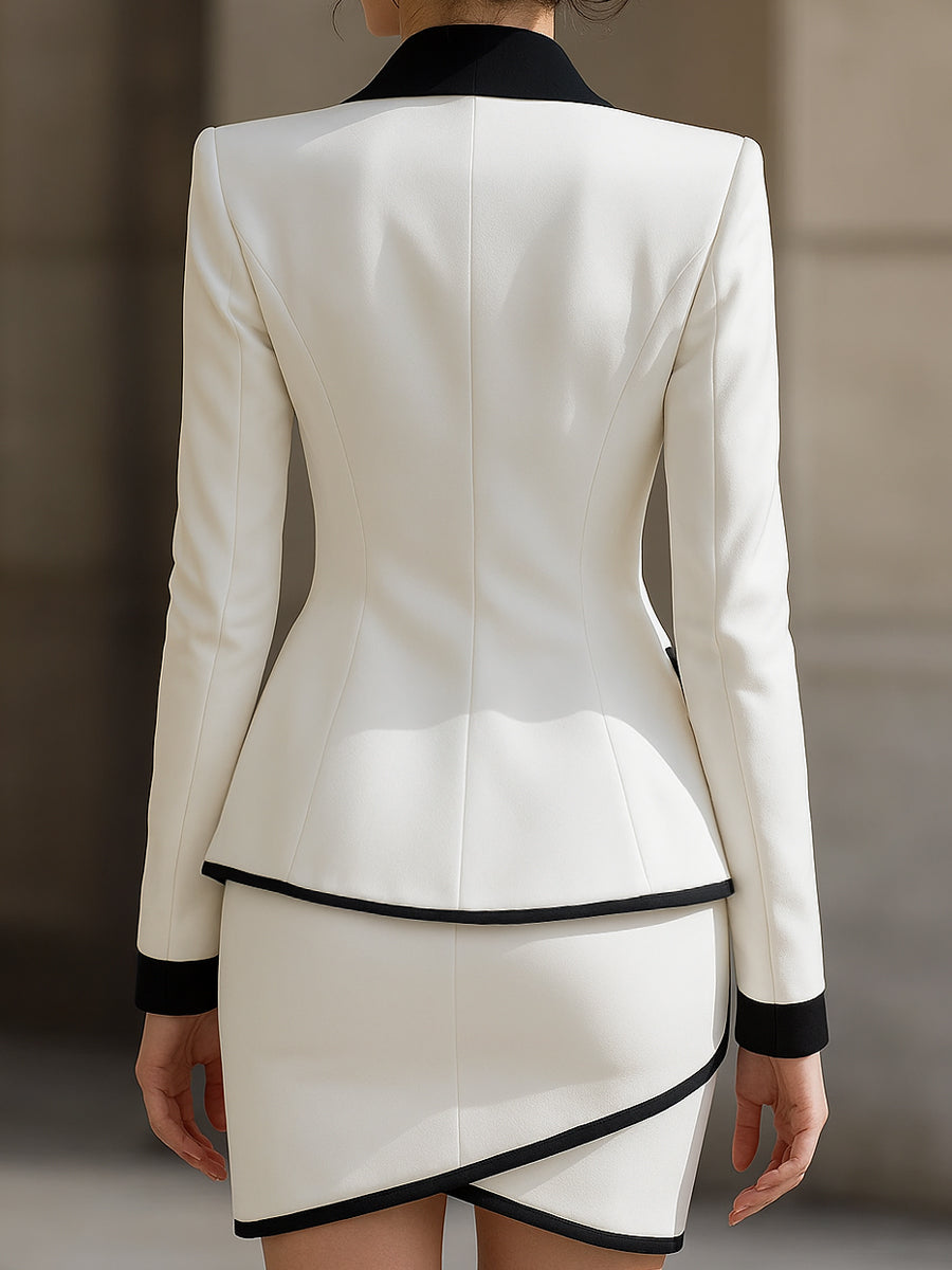 Contrast Trim Tuxedo Blazer And Skirt Set MLZ