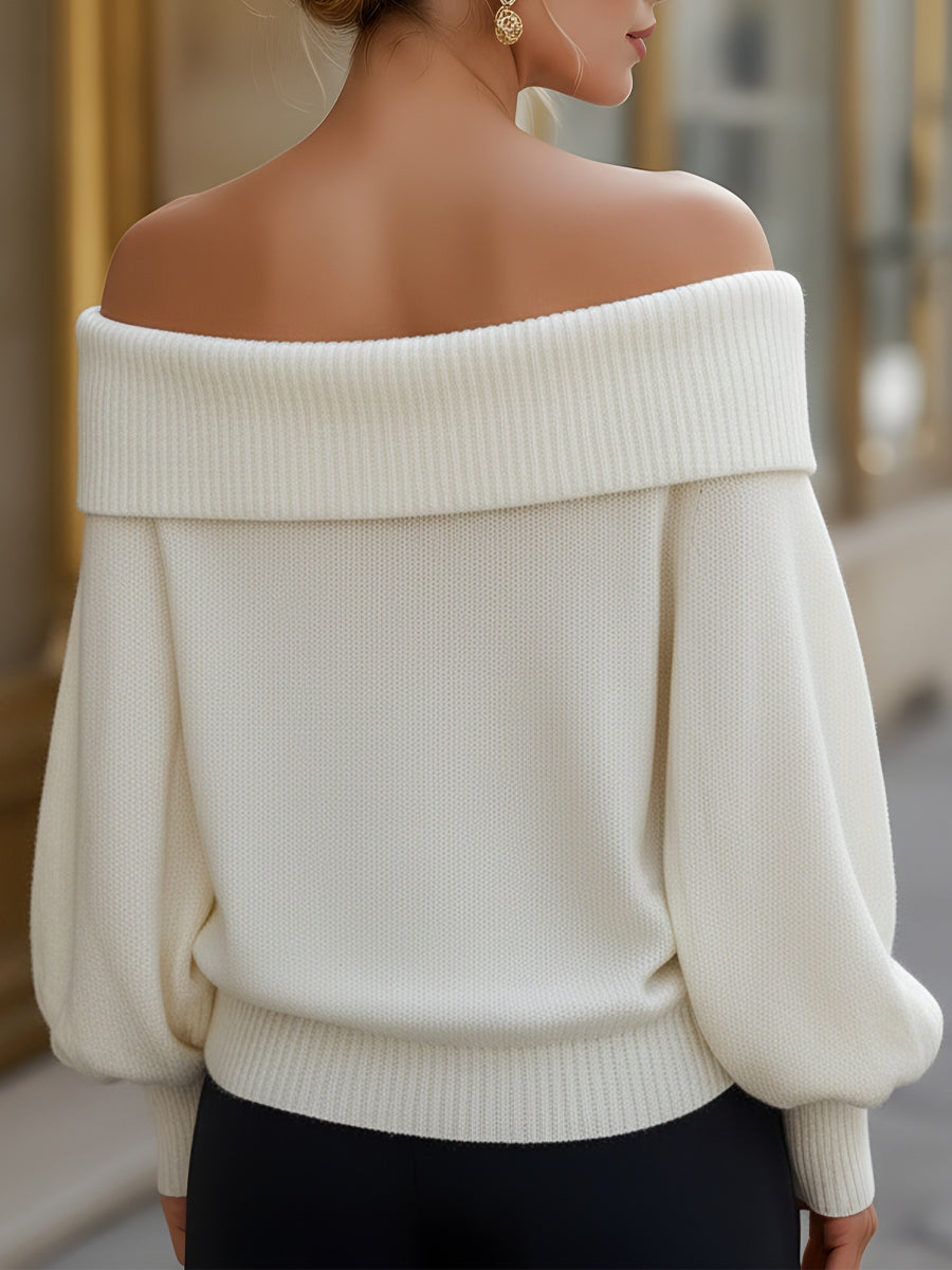 Off-Shoulder Knit Sweater With Folded Collar MLZ