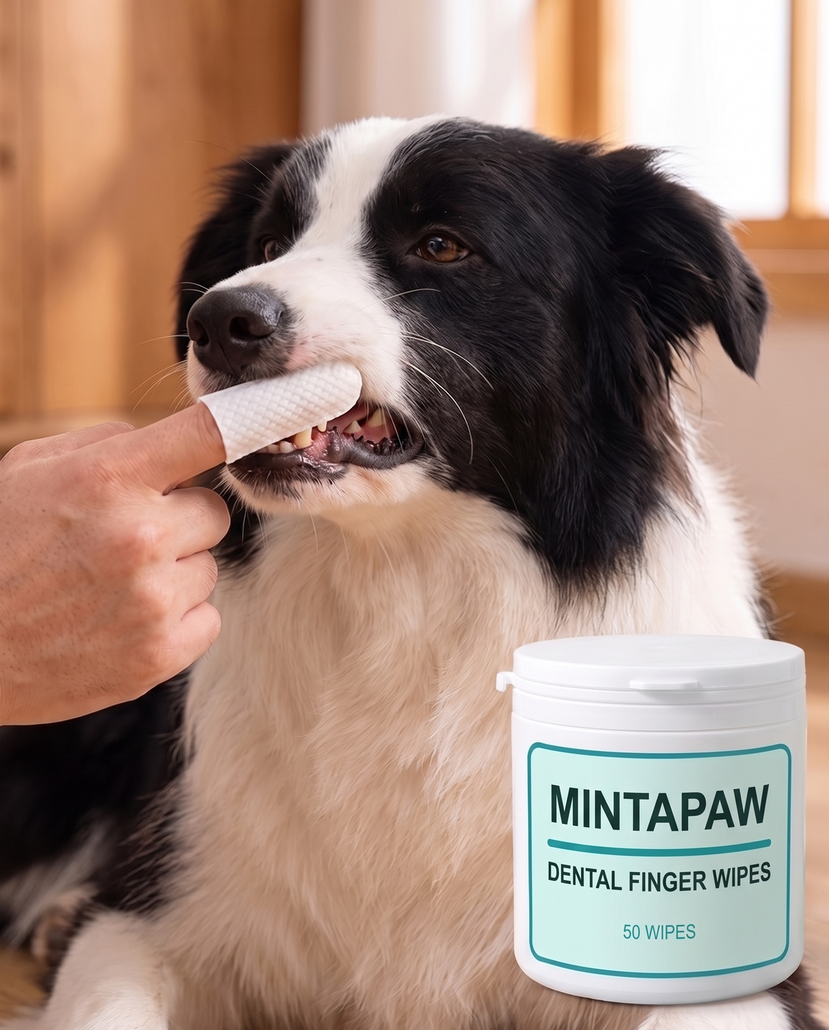 MintaPaw finger wipe used along a dog's teeth