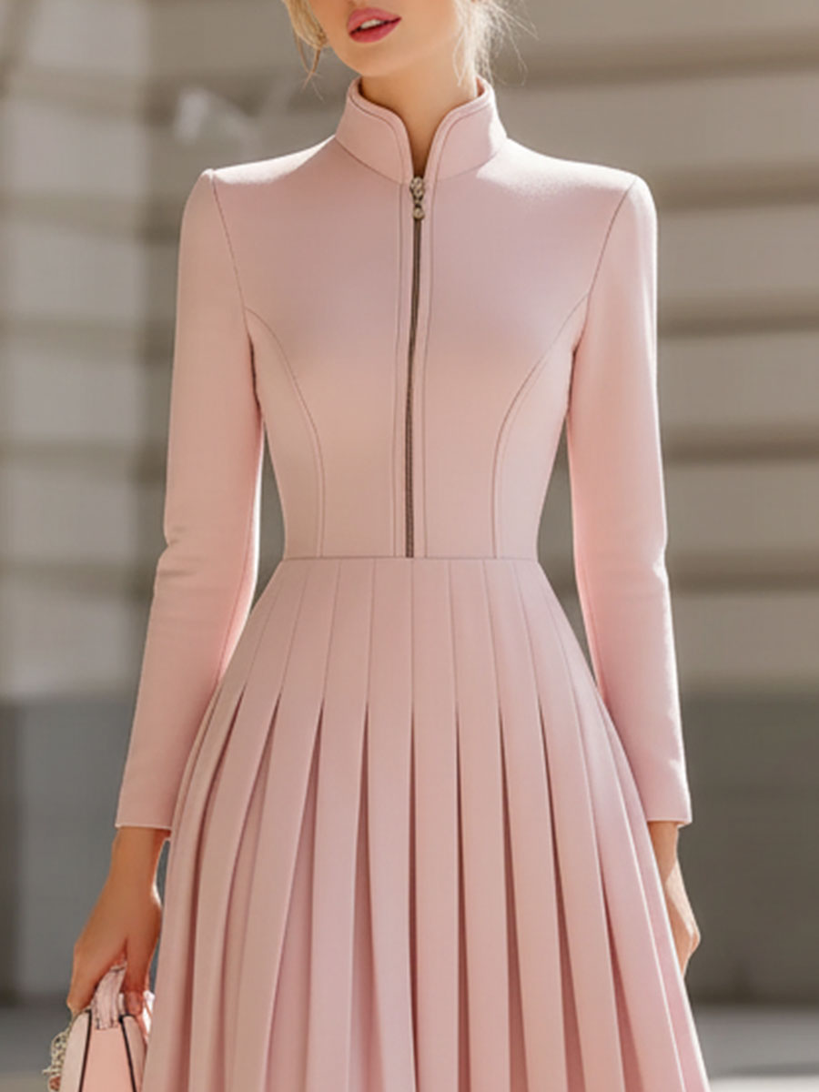Elegant Blush Pink Pleated Midi Dress With Stand Collar SN