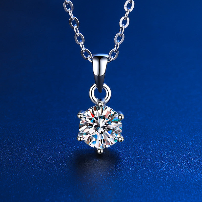 D Color Moissanite Classic 6 Prong Sterling Silver Pendant Necklace Shineofidamond
