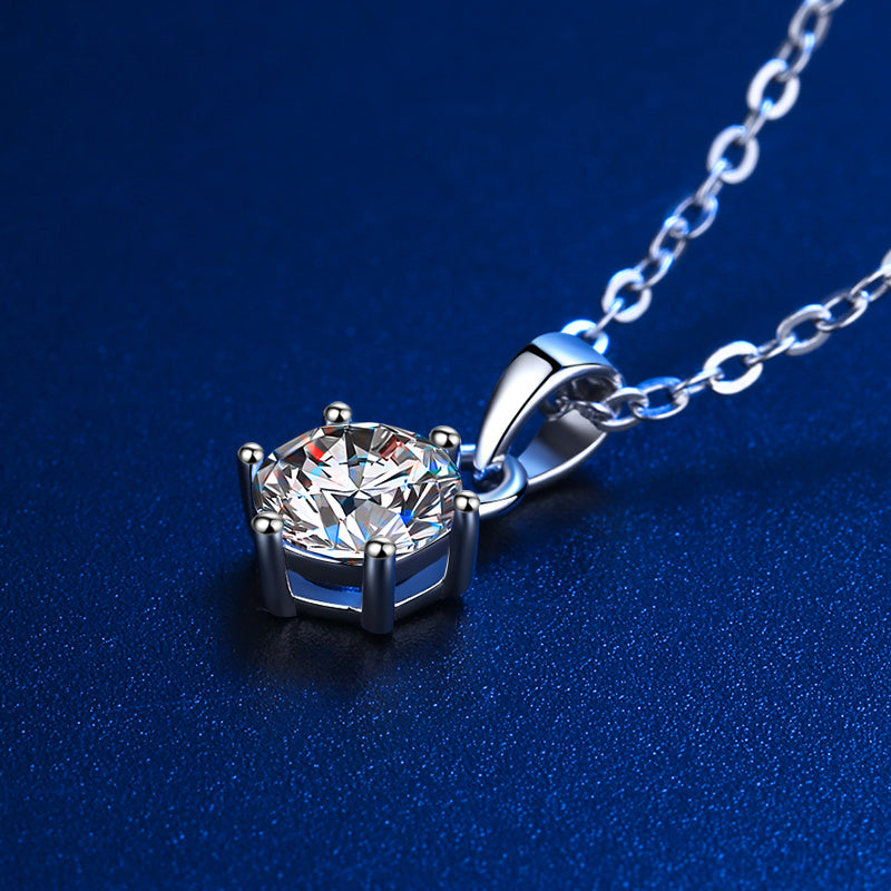 D Color Moissanite Classic 6 Prong Sterling Silver Pendant Necklace Shineofidamond