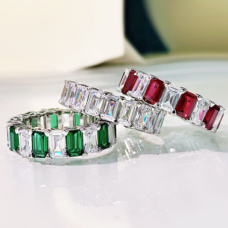 Multi-Colored Eternity Emerald Cut Sterling Silver Wedding Band Shineofidamond