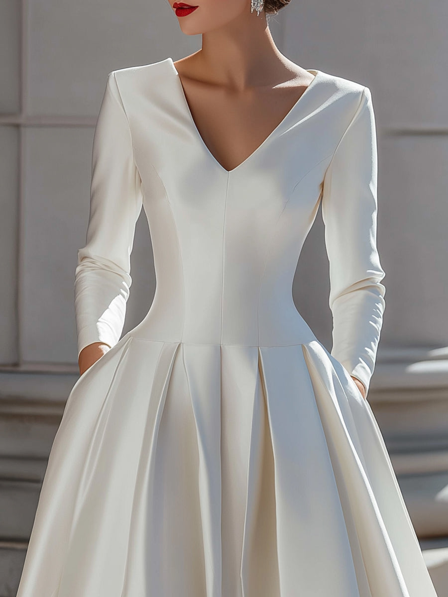 Elegant Satin V-Neck Pleated A-Line Midi Dress MLZ