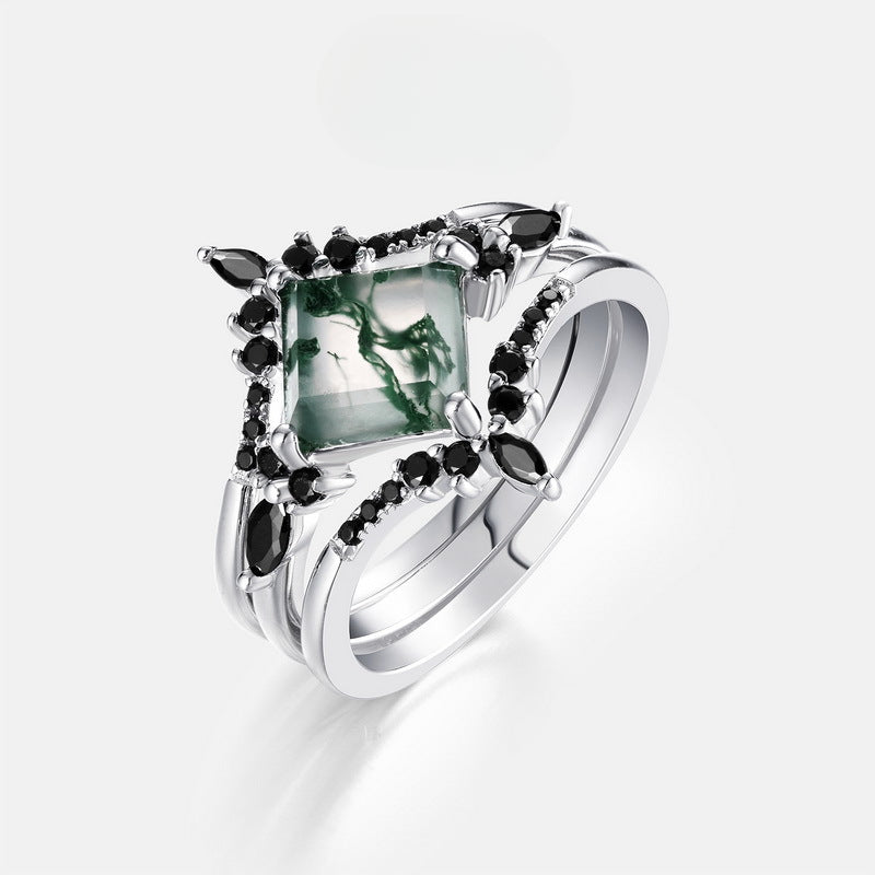 3 Pcs Geometric Natural Black And Green Moss Agate Ring Set Carly Jewelry