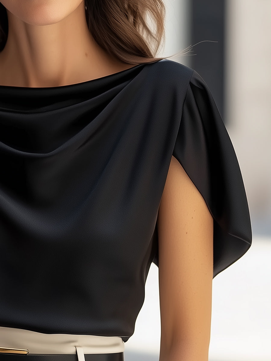 Classic Satin Draped Cap Sleeve Blouse MLZ