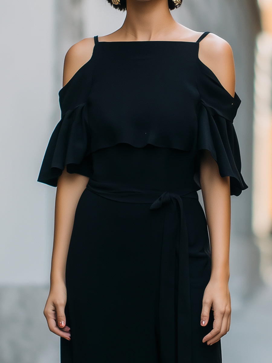Elegant Cold-Shoulder Ruffle Detail Midi Dress HWT